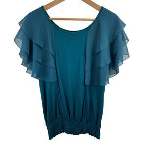 K&C Womens Size Medium Green Short Sleeve Knit Blouse Chiffon Accent